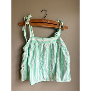 Stoney Clover Womens Cropped Tank Top Tie Strap Linen Blend Striped Green Size M